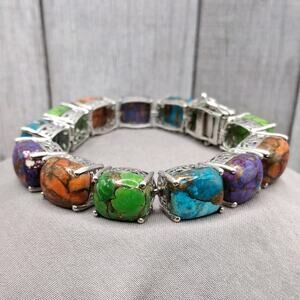 Southwestern Dahila Turquoise Bracelet 6.5 Inch Multicolored Sterling Silver